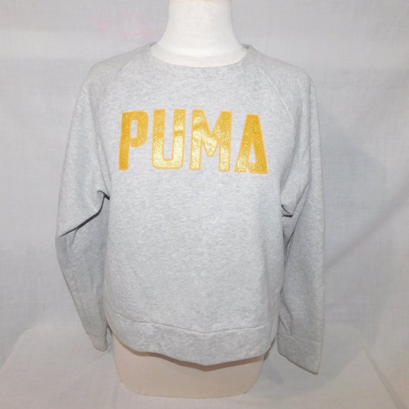 PUMA Womens S light Gray Crop Sweatshirt Gold Glitter Spellout Crew Neck - Picture 1 of 11